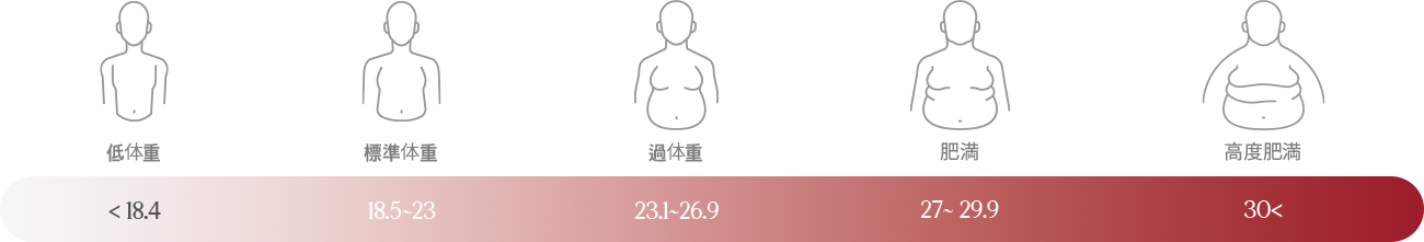 低体重：18.4以下、<br>標準体重：18.5～23、<br>過体重：23.1～26.9、<br>肥満（1度）：27～29.9、<br>高度肥満：30以上